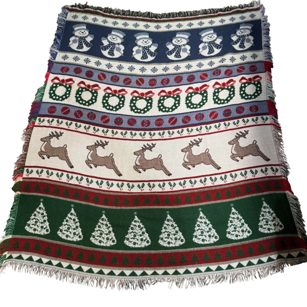 Vintage Christmas Woven Tapestry Throw Blanket Snowman Reindeer Tree Fringe